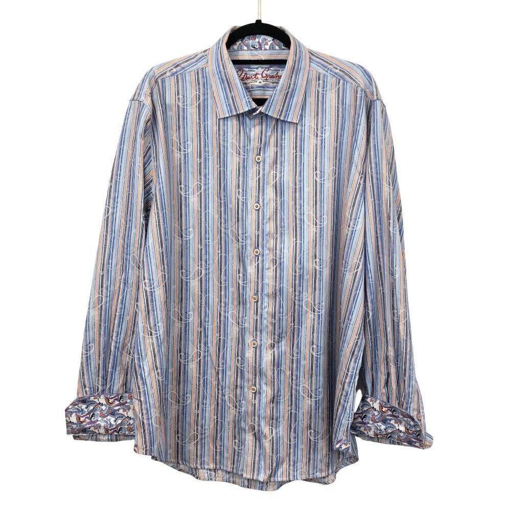 Robert Graham Striped Long-Sleeve Button-Down Shirt Paisley Flip Cuffs Size XXL